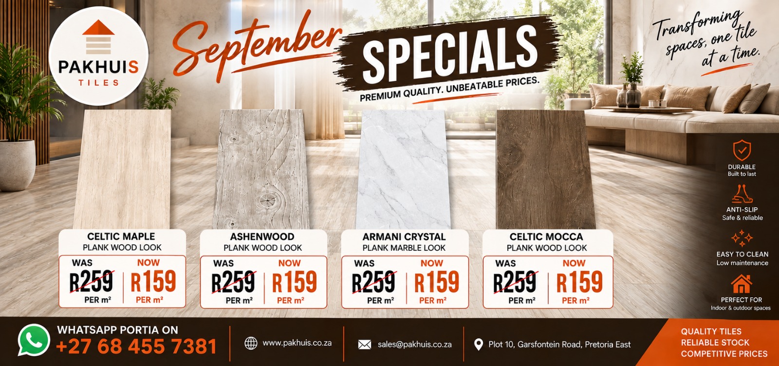 September specials — Celtic Maple, Ashenwood, Armani Crystal and Celtic Mocca planks now R159 per square metre