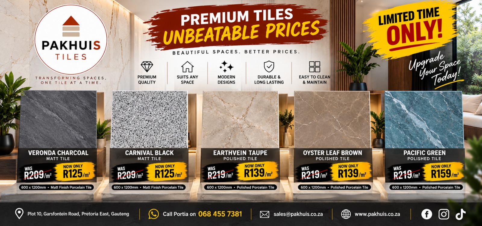 Limited time tile specials — Veronda Charcoal, Carnival Black, EarthVein Taupe, Oyster Leaf Brown and Pacific Green