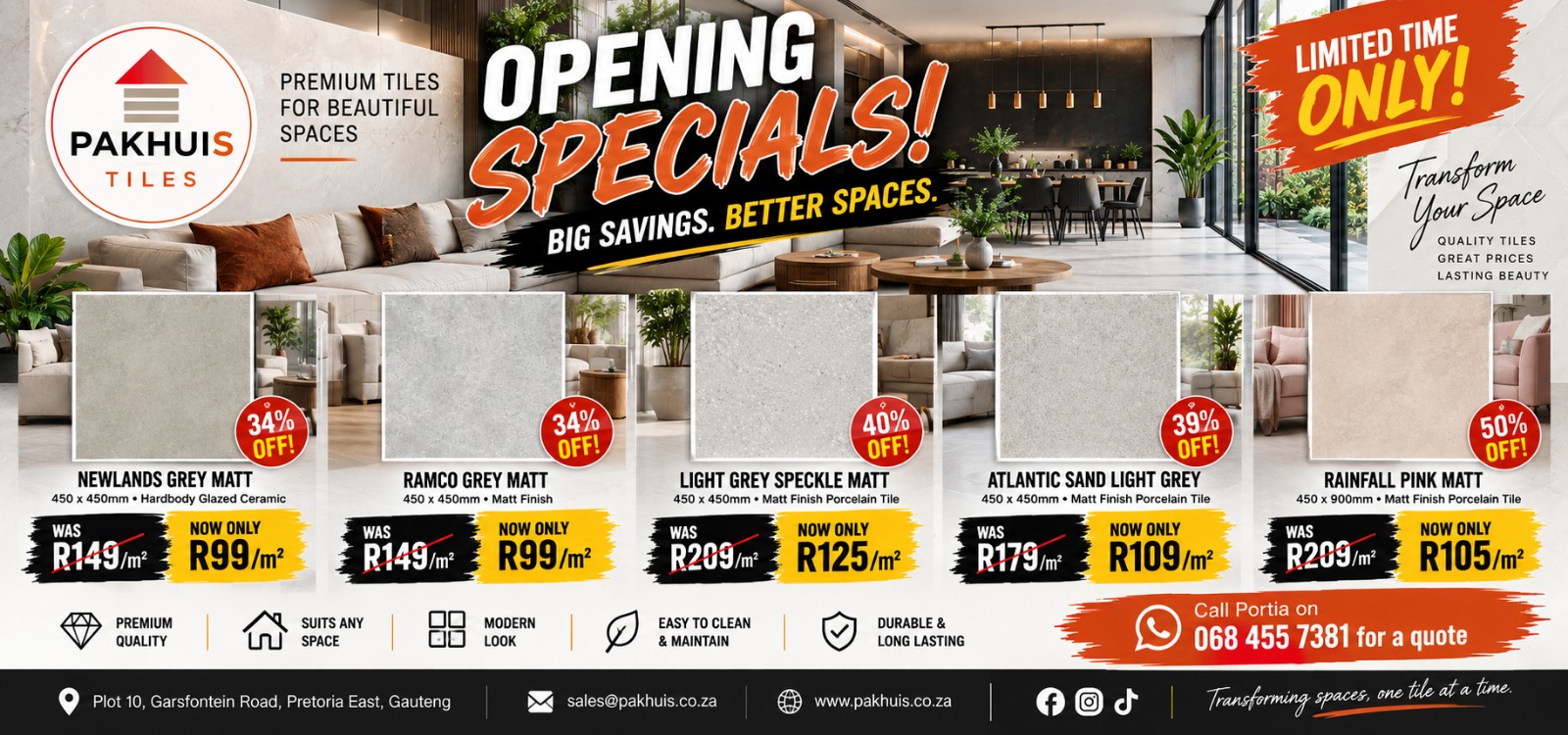 Opening specials — Newlands Grey, Ramco Grey, Light Grey Speckle, Atlantic Sand and Rainfall Pink