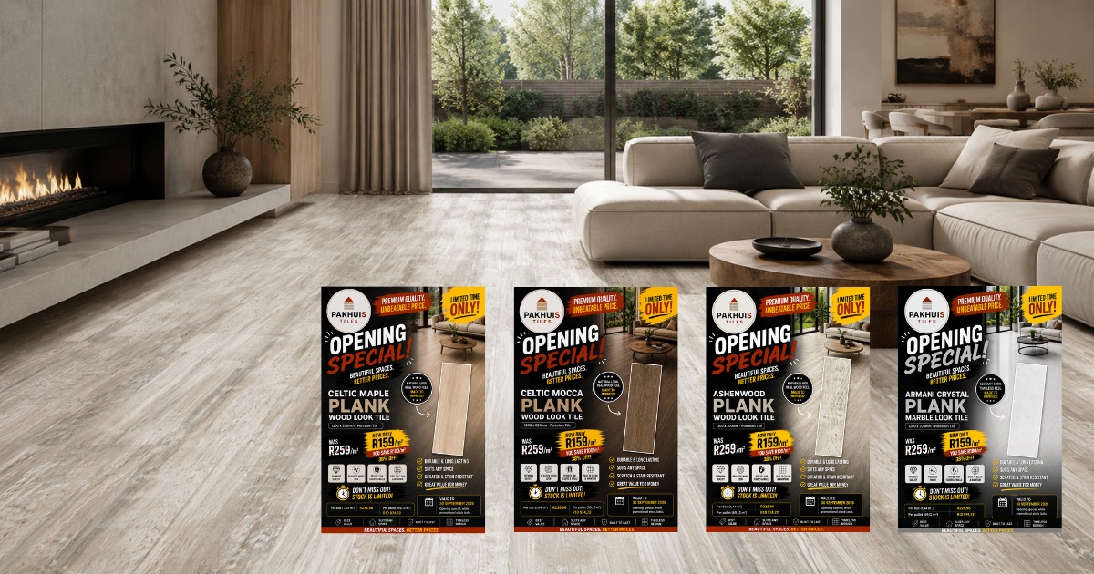 Opening special plank posters — Celtic Maple, Celtic Mocca, Ashenwood and Armani Crystal valid to 30 September